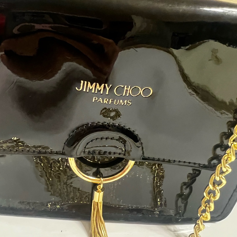 Jimmy Choo Glossy Black Crossbody Parfums Bag with Gold Accents NWOT